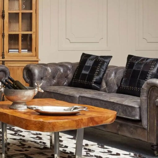 Industrial Dark Grey Genuine Leather Tufted Studded Heritage Chesterfield 3 Seater Sofa With Walnut Wood Legs And Wheels 230cm