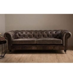 Industrial Dark Grey Genuine Leather Tufted Studded Heritage Chesterfield 3 Seater Sofa With Walnut Wood Legs And Wheels 230cm