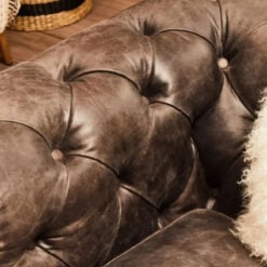 Industrial Dark Grey Genuine Leather Tufted Studded Heritage Chesterfield 3 Seater Sofa With Walnut Wood Legs And Wheels 230cm