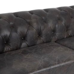 Industrial Dark Grey Genuine Leather Tufted Studded Heritage Chesterfield 3 Seater Sofa With Walnut Wood Legs And Wheels 230cm