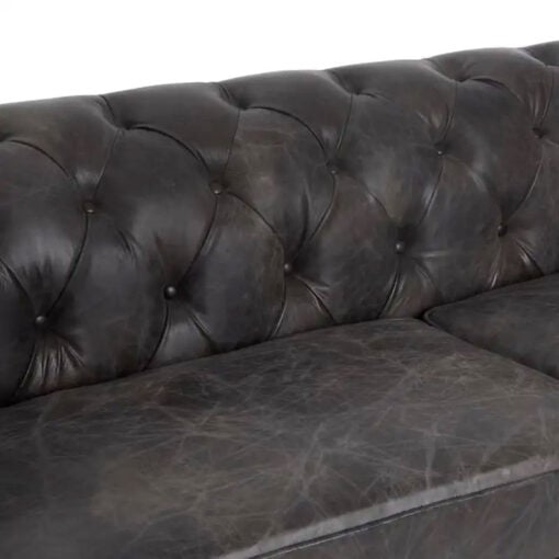 Industrial Dark Grey Genuine Leather Tufted Studded Heritage Chesterfield 3 Seater Sofa With Walnut Wood Legs And Wheels 230cm