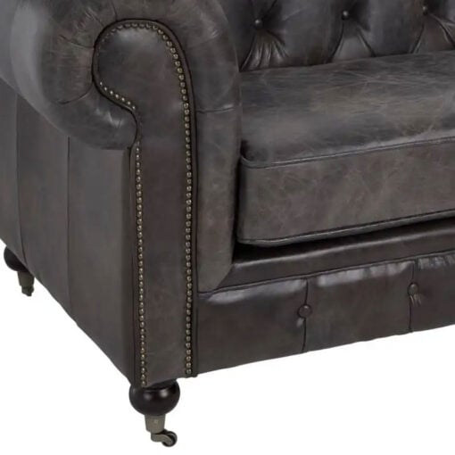 Industrial Dark Grey Genuine Leather Tufted Studded Heritage Chesterfield 3 Seater Sofa With Walnut Wood Legs And Wheels 230cm