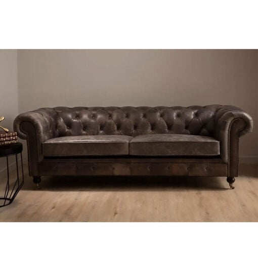 Industrial Dark Grey Genuine Leather Tufted Studded Heritage Chesterfield 3 Seater Sofa With Walnut Wood Legs And Wheels 230cm