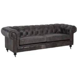 Industrial Dark Grey Genuine Leather Tufted Studded Heritage Chesterfield 3 Seater Sofa With Walnut Wood Legs And Wheels 230cm