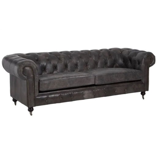 Industrial Dark Grey Genuine Leather Tufted Studded Heritage Chesterfield 3 Seater Sofa With Walnut Wood Legs And Wheels 230cm