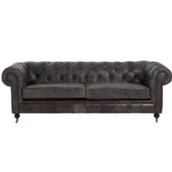 Industrial Dark Grey Genuine Leather Tufted Studded Heritage Chesterfield 3 Seater Sofa With Walnut Wood Legs And Wheels 230cm