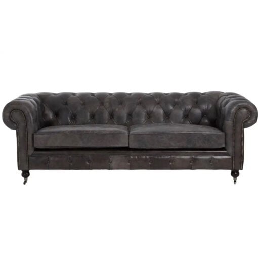 Industrial Dark Grey Genuine Leather Tufted Studded Heritage Chesterfield 3 Seater Sofa With Walnut Wood Legs And Wheels 230cm