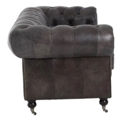 Industrial Dark Grey Genuine Leather Tufted Studded Heritage Chesterfield 3 Seater Sofa With Walnut Wood Legs And Wheels 230cm
