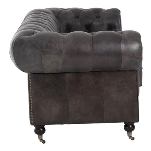 Industrial Dark Grey Genuine Leather Tufted Studded Heritage Chesterfield 3 Seater Sofa With Walnut Wood Legs And Wheels 230cm