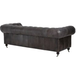 Industrial Dark Grey Genuine Leather Tufted Studded Heritage Chesterfield 3 Seater Sofa With Walnut Wood Legs And Wheels 230cm