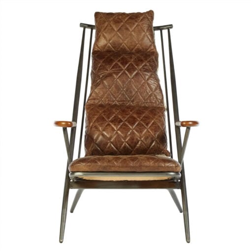 Industrial Distressed Metal And Genuine Brown Quilted Leather High Back Armchair