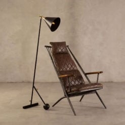 Industrial Distressed Metal And Genuine Brown Quilted Leather High Back Armchair