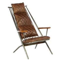 Industrial Distressed Metal And Genuine Brown Quilted Leather High Back Armchair