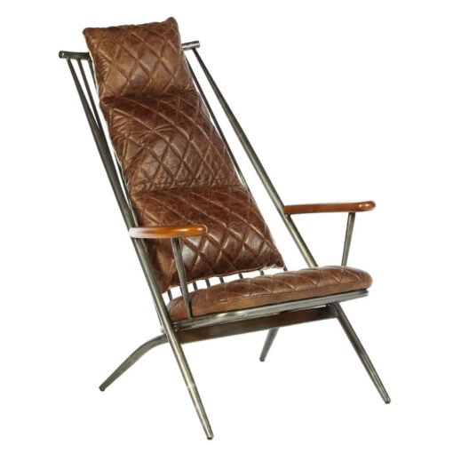 Industrial Distressed Metal And Genuine Brown Quilted Leather High Back Armchair