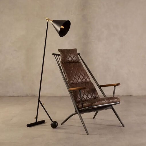 Industrial Distressed Metal And Genuine Brown Quilted Leather High Back Armchair