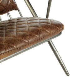 Industrial Distressed Metal And Genuine Brown Quilted Leather High Back Armchair
