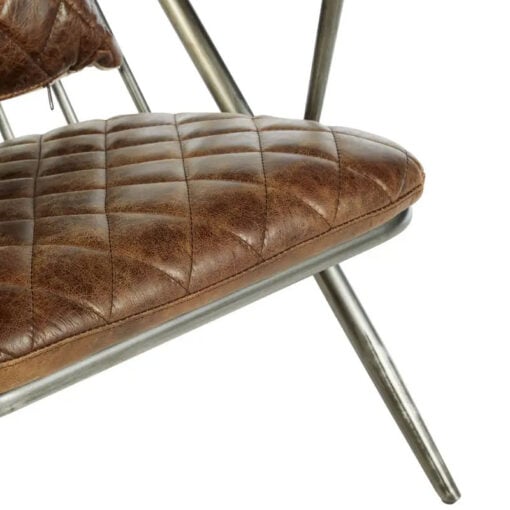 Industrial Distressed Metal And Genuine Brown Quilted Leather High Back Armchair