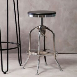 Industrial Factory Silver Chrome Metal Height Adjustable Bar Stool With Black Solid Ash Wood Seat