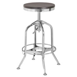 Industrial Factory Silver Chrome Metal Height Adjustable Bar Stool With Black Solid Ash Wood Seat