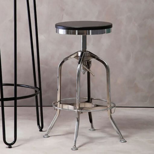 Industrial Factory Silver Chrome Metal Height Adjustable Bar Stool With Black Solid Ash Wood Seat