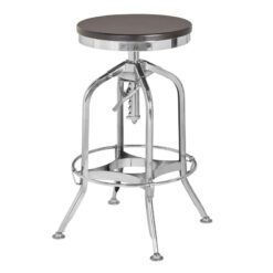 Industrial Factory Silver Chrome Metal Height Adjustable Bar Stool With Black Solid Ash Wood Seat
