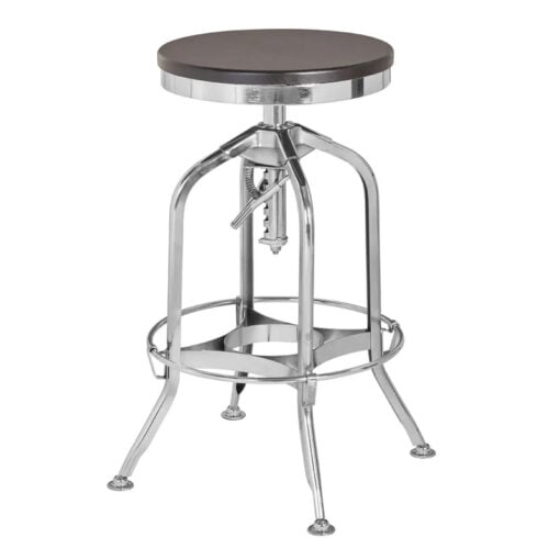 Industrial Factory Silver Chrome Metal Height Adjustable Bar Stool With Black Solid Ash Wood Seat