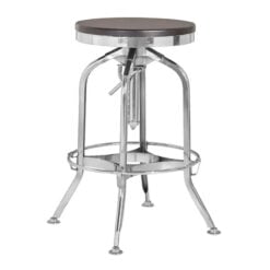 Industrial Factory Silver Chrome Metal Height Adjustable Bar Stool With Black Solid Ash Wood Seat