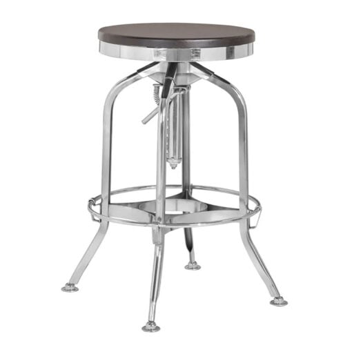 Industrial Factory Silver Chrome Metal Height Adjustable Bar Stool With Black Solid Ash Wood Seat