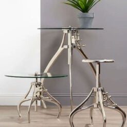 Industrial Factory Silver Nickel Metal And Glass Crank Height Adjustable Bar Table