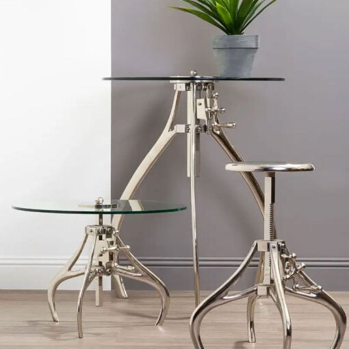 Industrial Factory Silver Nickel Metal And Glass Crank Height Adjustable Bar Table