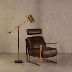 Industrial Gold Metal And Genuine Brown Leather Armchair