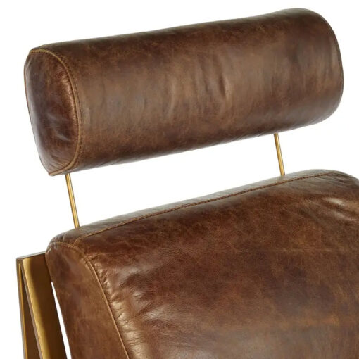 Industrial Gold Metal And Genuine Brown Leather Armchair