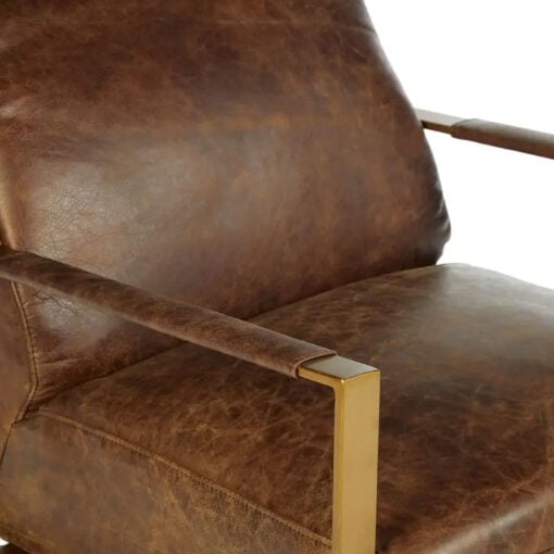 Industrial Gold Metal And Genuine Brown Leather Armchair