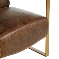 Industrial Gold Metal And Genuine Brown Leather Armchair