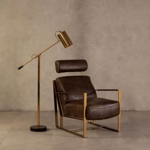 Industrial Gold Metal And Genuine Brown Leather Armchair