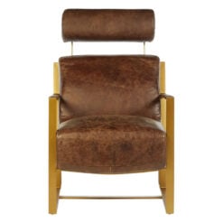 Industrial Gold Metal And Genuine Brown Leather Armchair