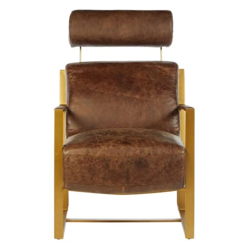Industrial Gold Metal And Genuine Brown Leather Armchair