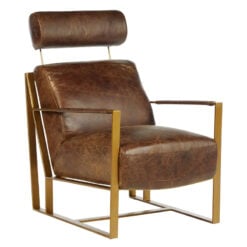 Industrial Gold Metal And Genuine Brown Leather Armchair