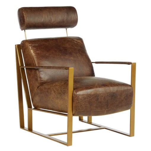 Industrial Gold Metal And Genuine Brown Leather Armchair