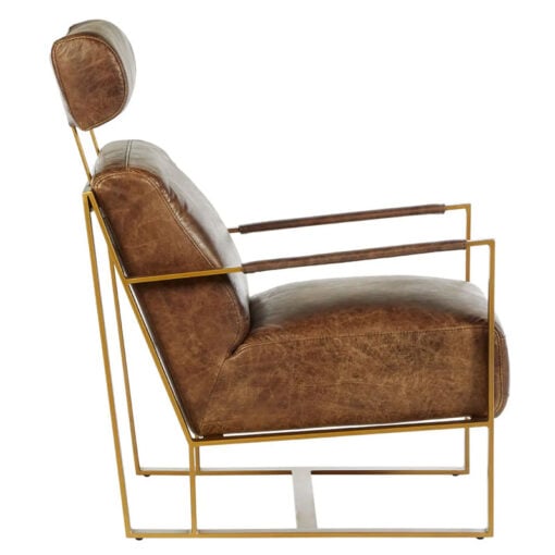 Industrial Gold Metal And Genuine Brown Leather Armchair