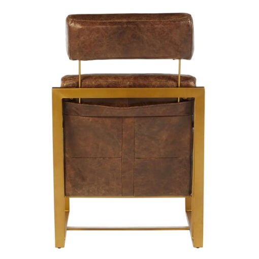 Industrial Gold Metal And Genuine Brown Leather Armchair