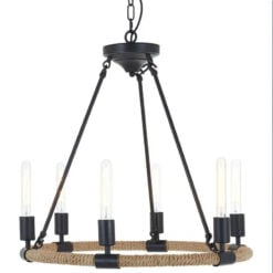 Industrial Large Black Metal And Linen Rope 6 Edison Lights Chandelier Ceiling Pendant 65cm