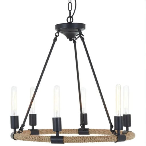 Industrial Large Black Metal And Linen Rope 6 Edison Lights Chandelier Ceiling Pendant 65cm