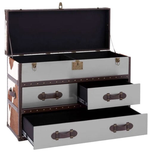 Industrial Metal And Genuine Cow Hide Leather Trunk Style Chest Of Drawers Cabinet Sideboard