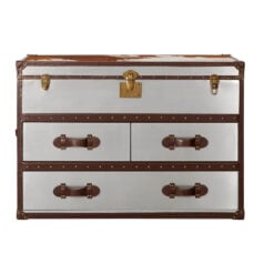 Industrial Metal And Genuine Cow Hide Leather Trunk Style Chest Of Drawers Cabinet Sideboard