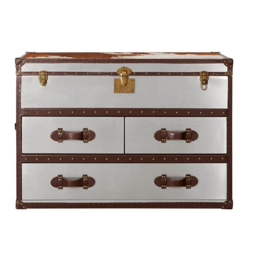 Industrial Metal And Genuine Cow Hide Leather Trunk Style Chest Of Drawers Cabinet Sideboard