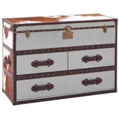 Industrial Metal And Genuine Cow Hide Leather Trunk Style Chest Of Drawers Cabinet Sideboard