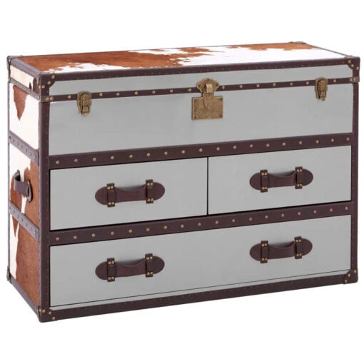 Industrial Metal And Genuine Cow Hide Leather Trunk Style Chest Of Drawers Cabinet Sideboard