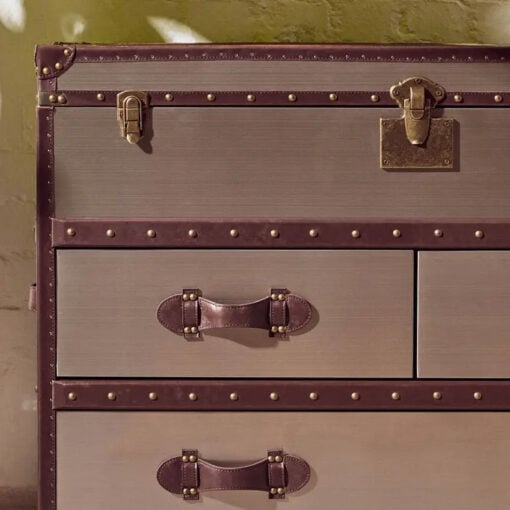 Industrial Metal And Genuine Cow Hide Leather Trunk Style Chest Of Drawers Cabinet Sideboard