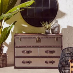 Industrial Metal And Genuine Cow Hide Leather Trunk Style Chest Of Drawers Cabinet Sideboard